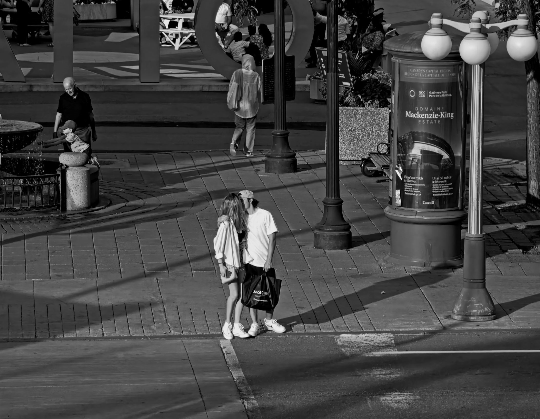 a young couple kisses at a cross walk oblivious to life around them