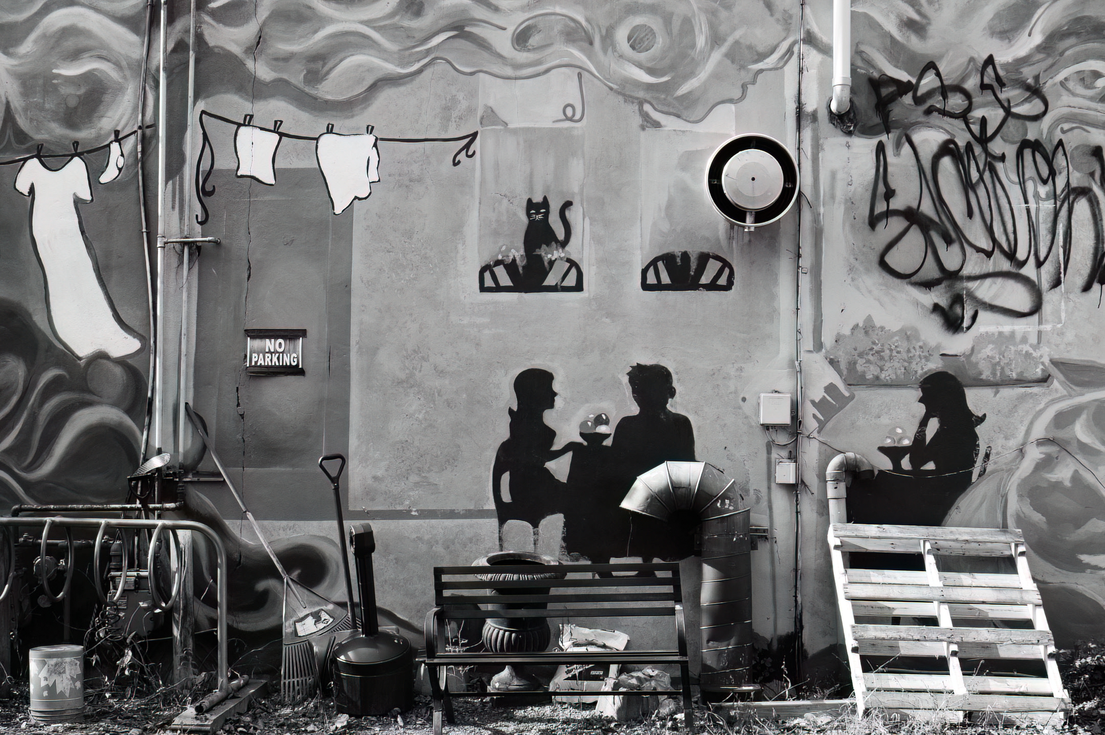 a mural in a back alley with garbage and junk in front of it