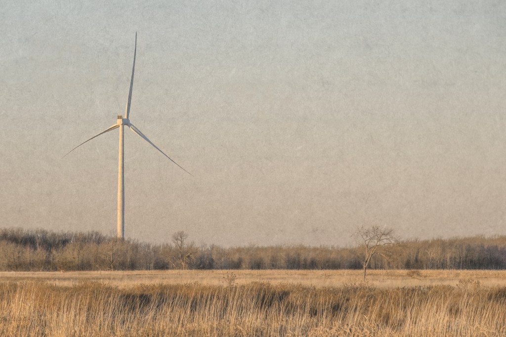 A wind turbine watches over a dry autumn field