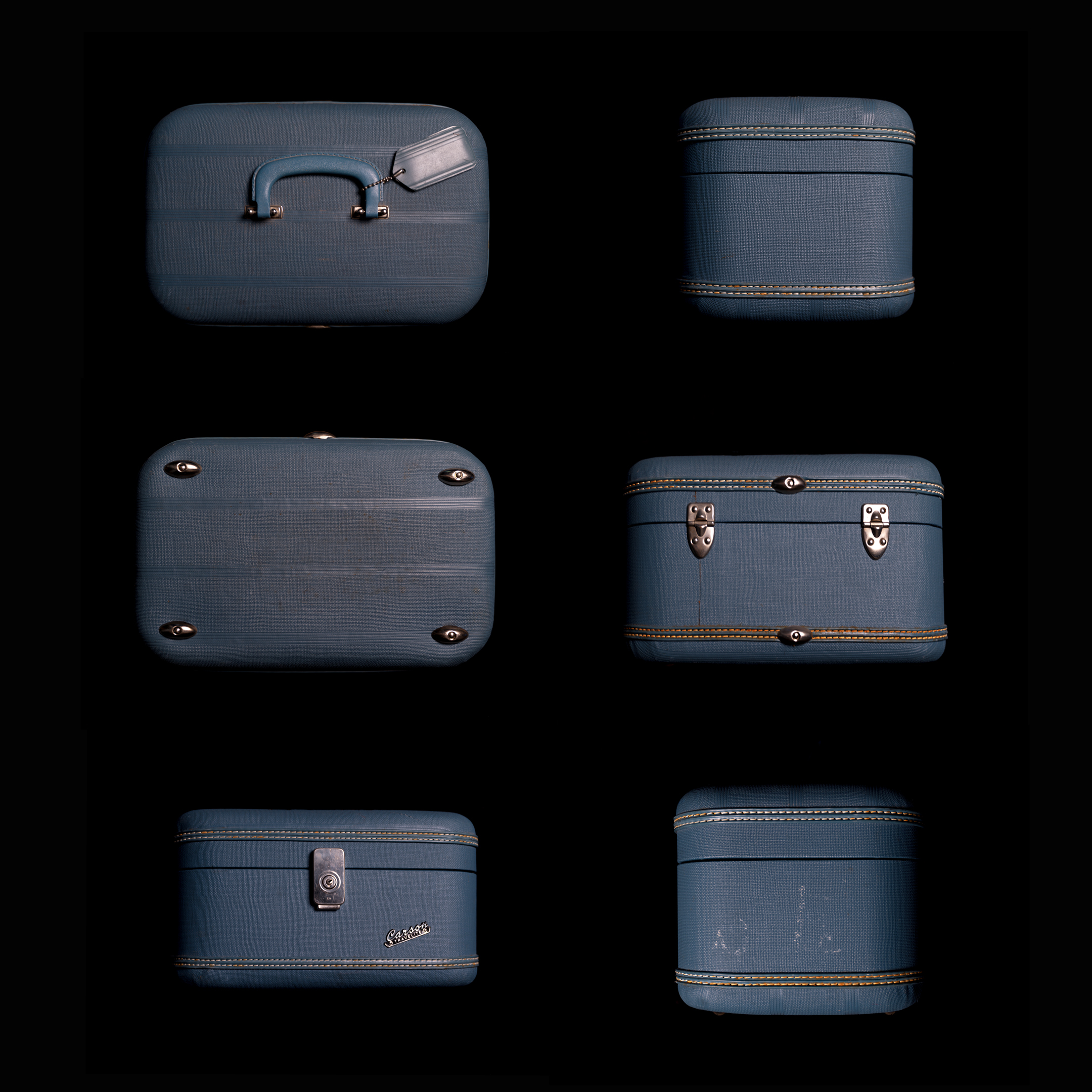 A blue train case is photographed from all 6 sides on a black background